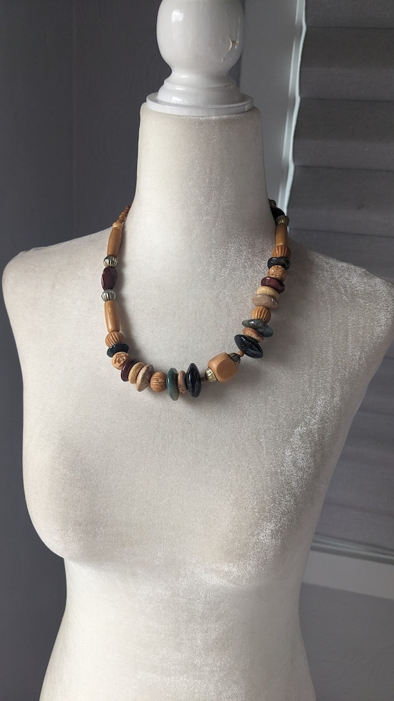 Natural wood and polished stone necklace