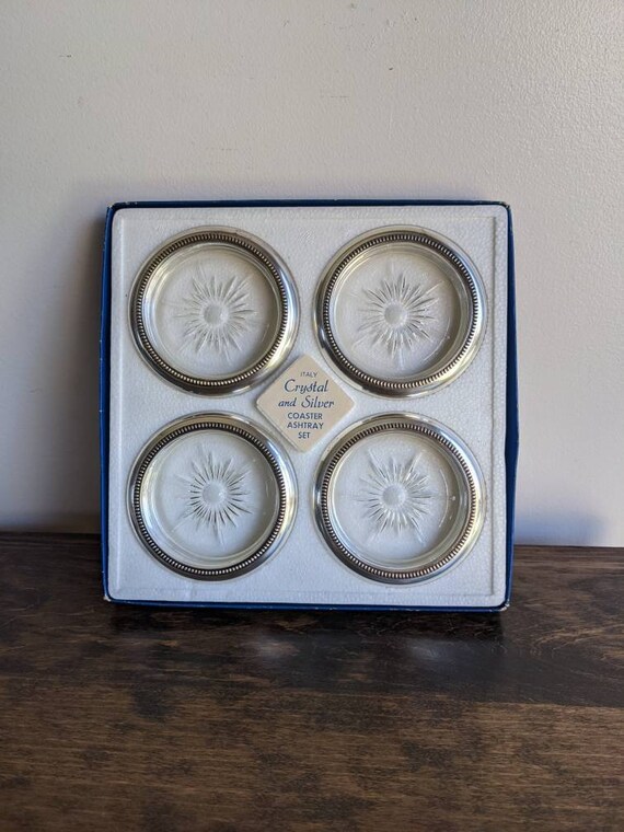 Details about   Set of 4 Vintage Coasters Ashtray Set by Leonard Silverplate Italy Original Box 