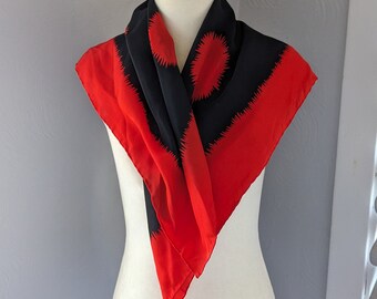 Silk scarf, Bill Blass, red and black abstract design, hand rolled hem