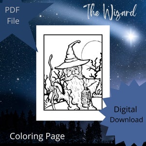 Printable Wizard coloring page,  digital download,  wizard, magic, hand drawn