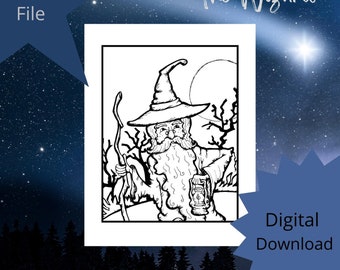 Página para colorear de mago imprimible, descarga digital, mago, magia, dibujado a mano