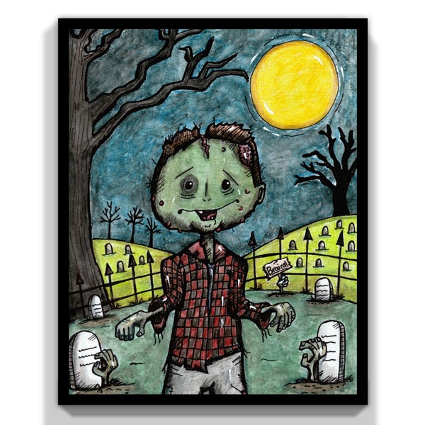 Zombie Boy, Folk art Halloween, Halloween Decor, Art Print, Whimsical art print, Halloween Art, watercolor painting,  illustration