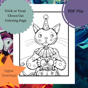 Clown Cat Halloween Coloring Page: Hand-Drawn Illustration (PDF)