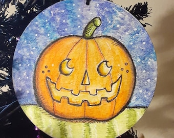 Midnight Jack O Lantern , Halloween Tree Ornament, Decoration, Halloween Art, Whimsical Halloween