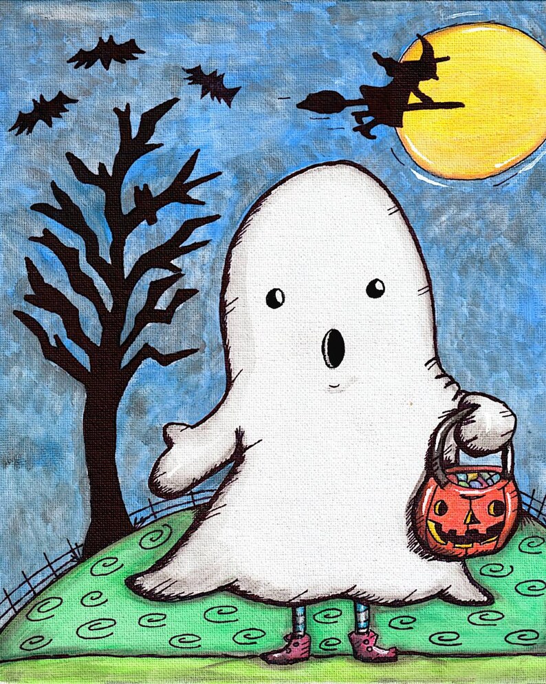 Boo Trick or Treat Ghost, Folk Art Halloween, Art Print, Ghost ...