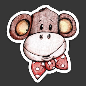May include: A cartoon monkey with brown fur, big ears, and a red and white polka dot bow tie. The monkey has a friendly expression and is looking directly at the viewer.