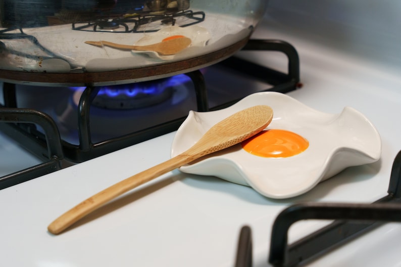 Fried Egg Spoon Rest Handmade Ceramic Kitchen Accessories 5 wide Organic Orange Yolk