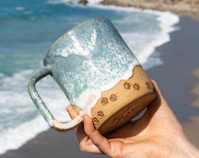 Handmade Paw Prints on the Beach Ceramic Mug: Ocean Shoreline Coffee/Tea Cup