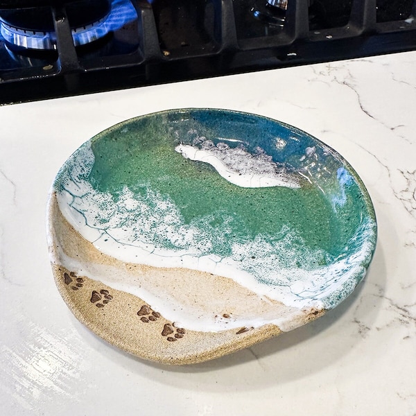 Handmade Ceramic Paw Print Spoon Rest: Ocean Shoreline Kitchen Decor