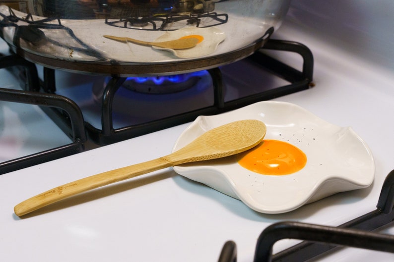 Fried Egg Spoon Rest Handmade Ceramic Kitchen Accessories 5 wide Orange with Pepper