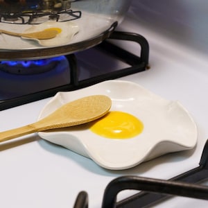Fried Egg Spoon Rest - Handmade Ceramic Kitchen Accessories (5.5" wide)