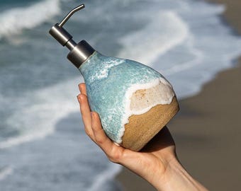 Handmade Ocean Shoreline Ceramic Soap Dispenser - Beach Themed Kitchen/Bathroom Decor