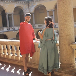 Ionic Chiton Teal with Palmette Wave and Blue Sash Ancient Greek Reenactment