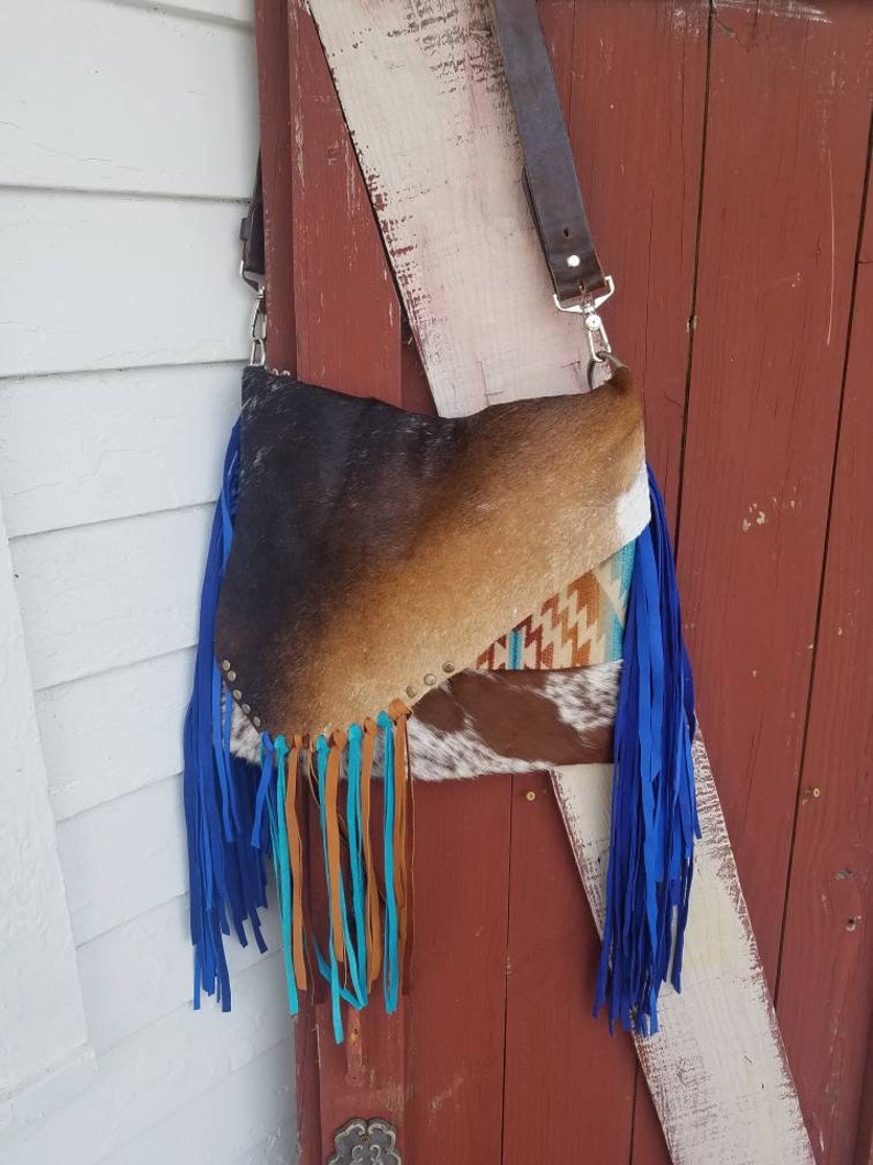 Blue turqouise cowhide fringe purse made with Pendleton fabric