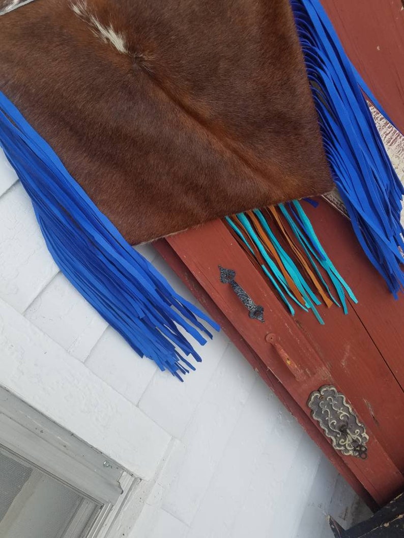 Blue turqouise cowhide fringe purse made with Pendleton fabric
