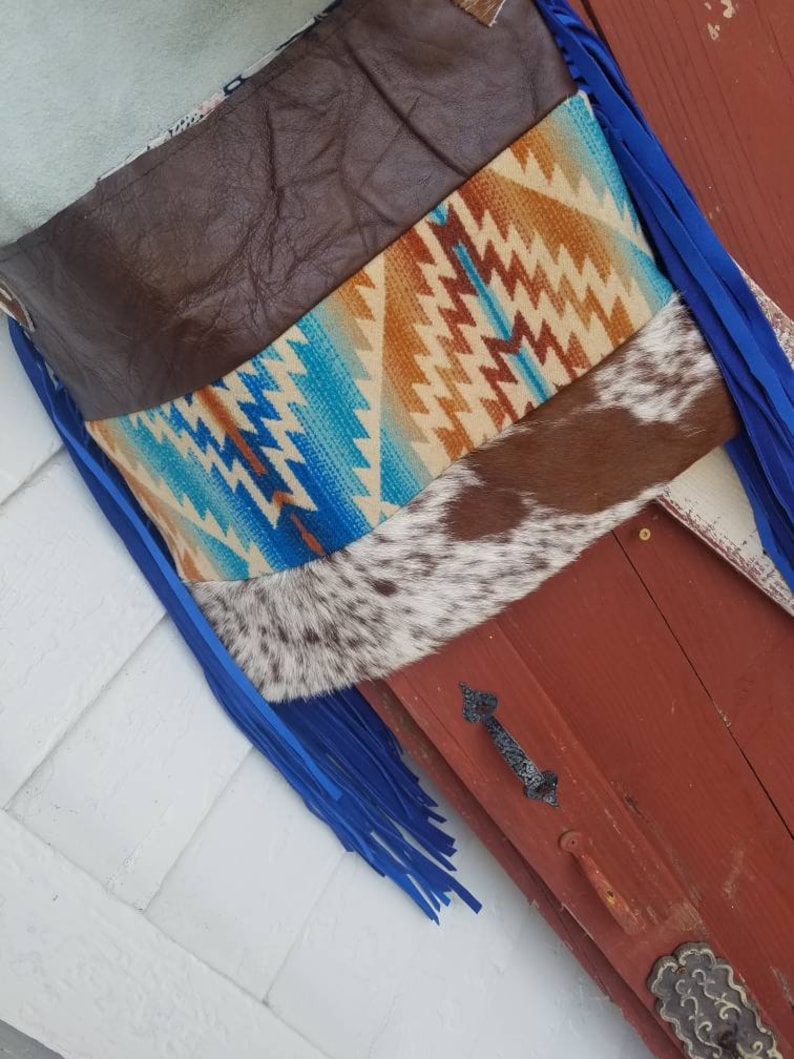 Blue turqouise cowhide fringe purse made with Pendleton fabric