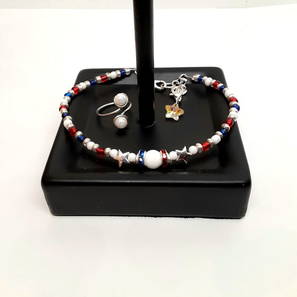 Red white and Blue Anklet and Toe Ring Set, Star Spangled Banner Anklet Set, Fashion Anklet Set, Nautical Jewelry Set, Sea Anklet Set