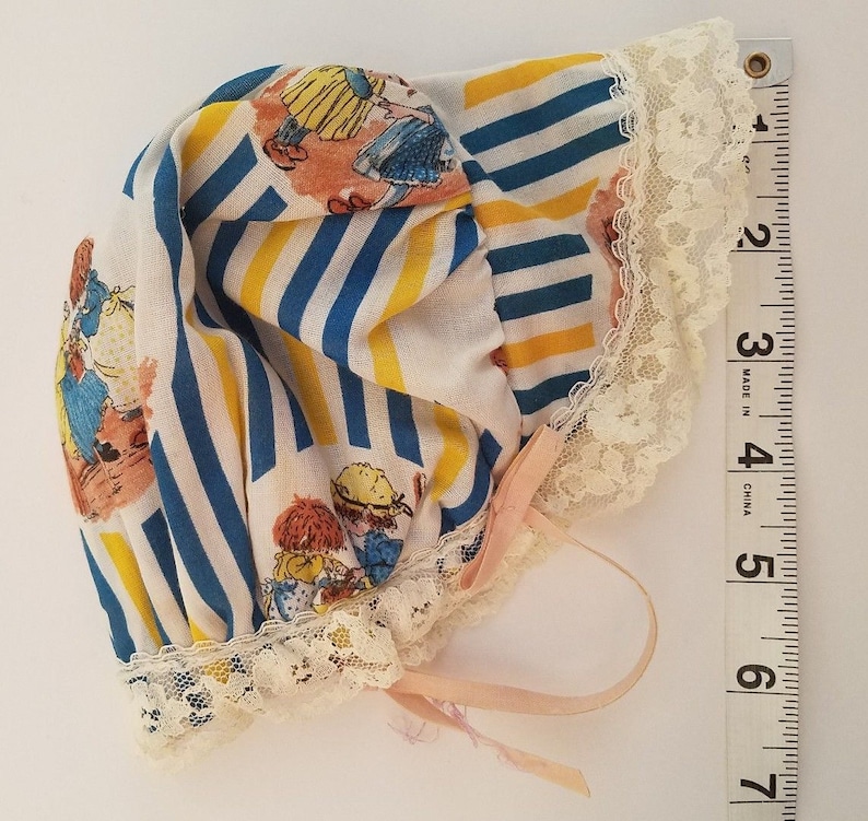 Vintage Holly Hobby Fabric Doll Bonnet Blue Yellow Striped A42