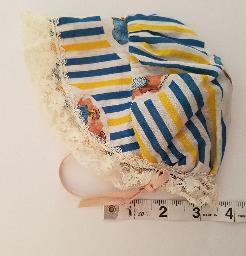 Vintage Holly Hobby Fabric Doll Bonnet Blue Yellow Striped A42