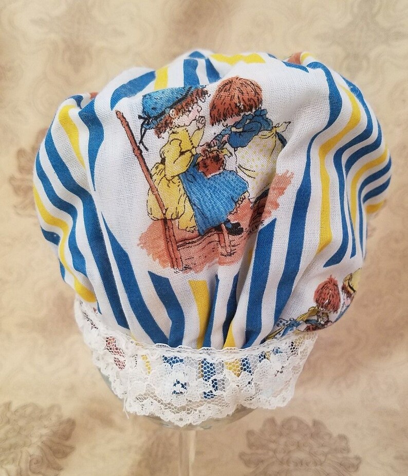 Vintage Holly Hobby Fabric Doll Bonnet Blue Yellow Striped A42