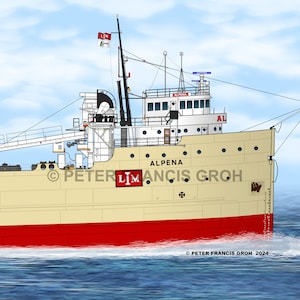 Może przedstawiać: Widok z boku beżowego i czerwonego frachtowca z nazwą "ALPENA" i inicjałami "LIM" na boku. Statek znajduje się w wodzie z niebieskim niebem i białymi chmurami w tle.