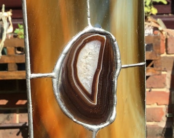Brown Agate Crystal with streaky Stained Glass Hanging