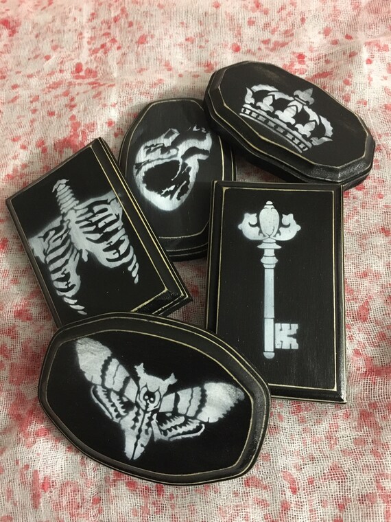 Gothic decor, gothic wood wall plaque, moth, skeleton key, rib cage, human heart, horror decor, gothic wall art