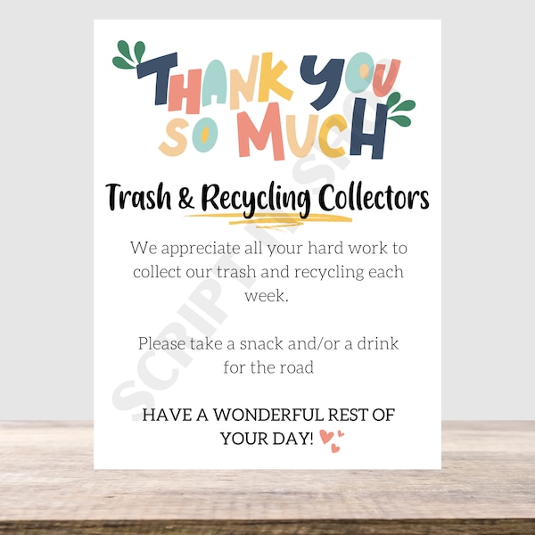 Trash and Recycling Collector Thank You Sign. Printable Thank You Sign for Snack or Drink Bin. Sign for Garbage Trash & Recycling Collectors