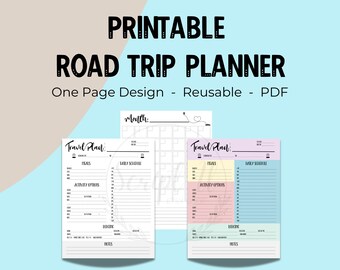 Road Trip Planner, Easy One Page Design, Printable Road Trip Daily Itinerary, Camping Road Trip Planner, Summer Trip, Road Trip Plan
