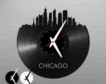 Chicago / skyline silhouette - Vinyl Clock, laser cut record art Music gift for occasion: Birthday, Christmas, anniversary - Cutout wall art