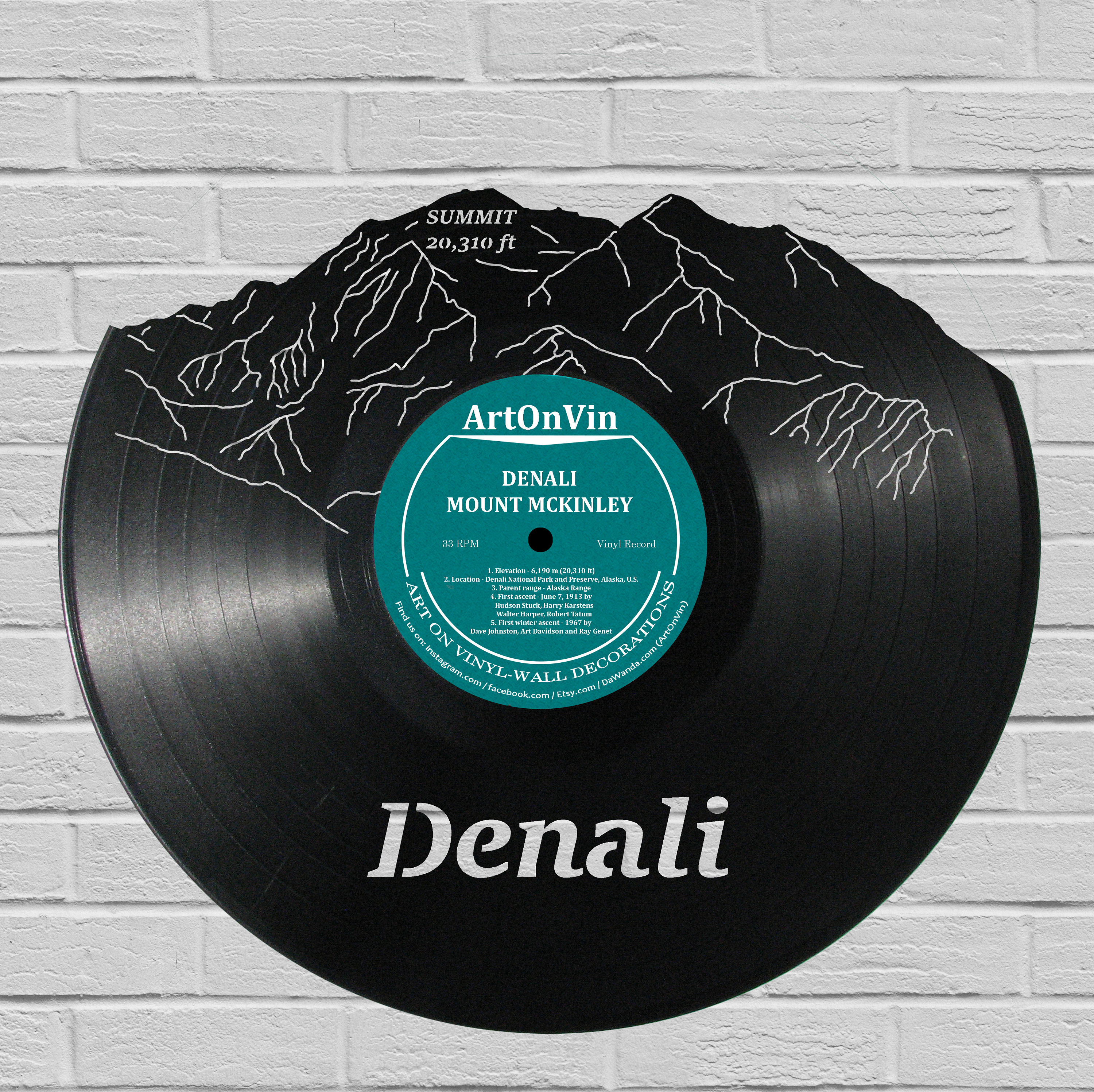Mount Denali - Laser Cut - Carved Vinyl Record Art - Music Gift