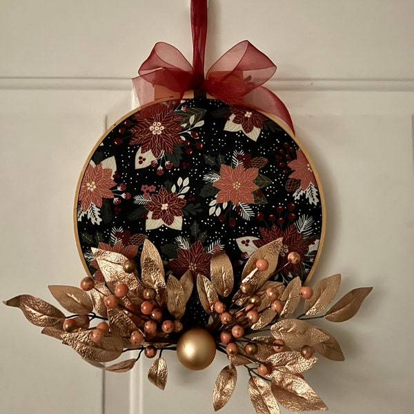 Vintage Quilt Hoop Wreath with Rose Gold Floral and Ornament Accent