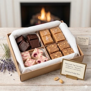 May include: An artisanal fudge box with various flavors, including chocolate, peanut butter, and cherry swirl. The fudge is arranged in a cardboard box with a white liner. The box is labeled "Mountain Top Favorites Collection - Handmade in Small Batches."