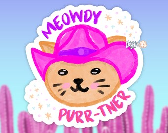 Meowdy Purr-tner - Kitten in Bright Pink and Purple Cowgirl Hat - 2.75" Die-Cut Sticker