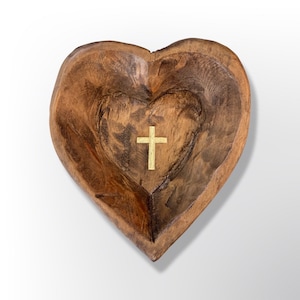 Chunky Heart Mini Prayer Bowl, Gold Cross, Dough Bowl Cross religious gifts farmhouse rustic, catch all.  wood distressed, trinket,