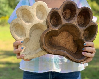 Paw Print Wood Dough Bowl, Rustic Antiqued Farmhouse Decor