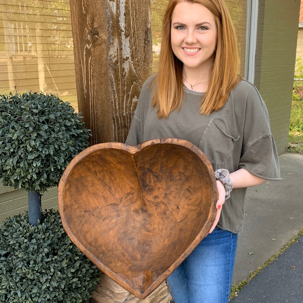 Rustic Heart Wood Dough Bowl: Large Hand Carved Farmhouse Decor