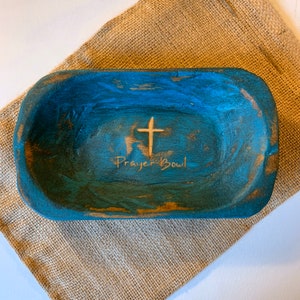 Small Mini Prayer Bowl Dough Bowl Cross religious gifts farmhouse rustic catch all. Turquoise wood distressed Prayer Bowl