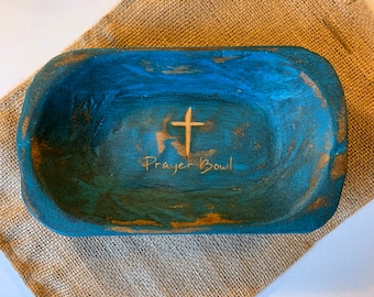 Small Mini Prayer Bowl Dough Bowl Cross religious gifts farmhouse rustic catch all. Turquoise wood distressed Prayer Bowl