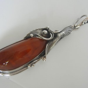 Vintage 3&quot; amber & sterling silver Art Nouveau long pendant, 14.4 grams. Amber jewelry.  Original handcrafted amber pendant. Nouveau jewelry