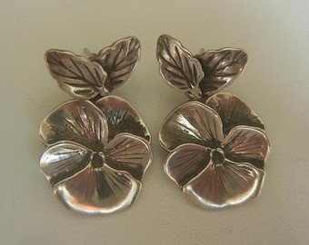 Vintage pansy earrings with leaf posts, sterling silver 9 grams, 1-1/4&quot;x 3/4&quot;. Pansy jewelry.  Silver flower earrings. Silver floral jewelry