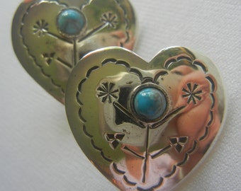 Heart Navajo Taxco sterling silver & turquoise handstamped posts 12.4 grams, 1-1/8&quot;x 1-1/8&quot;.  Navajo stick figure heart posts. Heart jewelry