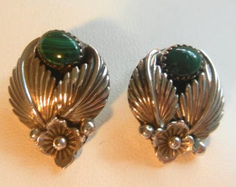 Navajo Sterling Silver Malachite Clip-On Earrings, Floral Design