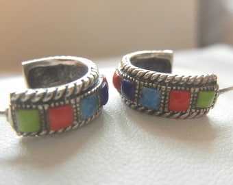 Carolyn Pollack small multi-stone half-hoop earrings sterling silver 4.4 grams, width 1/4&quot;.  Carolyn Pollack jewelry.  Inlaid stone hoops.