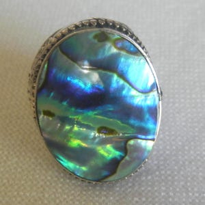 May include: Oval-shaped ring featuring a vibrant abalone shell with iridescent blues, greens, and purples. The shell is set in a silver-toned metal band with a beaded edge, creating a striking contrast. The ring's design highlights the natural beauty of the shell.