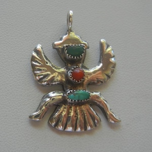 Small Kachina Dancer sterling silver turquoise & coral pendant, 7.8grams, 1-3/8&quot;x 1&quot;.  Kachina jewelry.  Hopi silver jewelry. Navajo jewelry