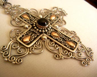 Bali Suarti Sterling Silver Cross Pendant: 18K Gold & Onyx