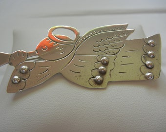 Large Taxco guardian angel halo & trumpet sterling silver brooch 14 grams, 3-1/8"x 1-1/2". Taxco silver jewelry. Angel brooch. Angel jewelry
