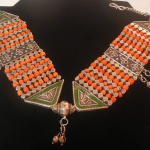 Antique Himalayan Tibetan choker 900 silver & trade bead coral 125.3 grams 14&quot;x1-1/2&quot;+ 3&quot;extension. Rare Tibetan neck piece. Tibetan jewelry