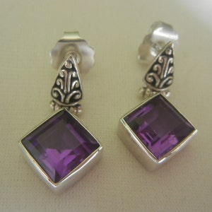 Amethyst & sterling silver drop earrings 9.6 grams, 1-1/4&quot;x 1/2&quot;.  Silver amethyst jewelry.  Faceted amethyst earrings.  Artisan earrings.